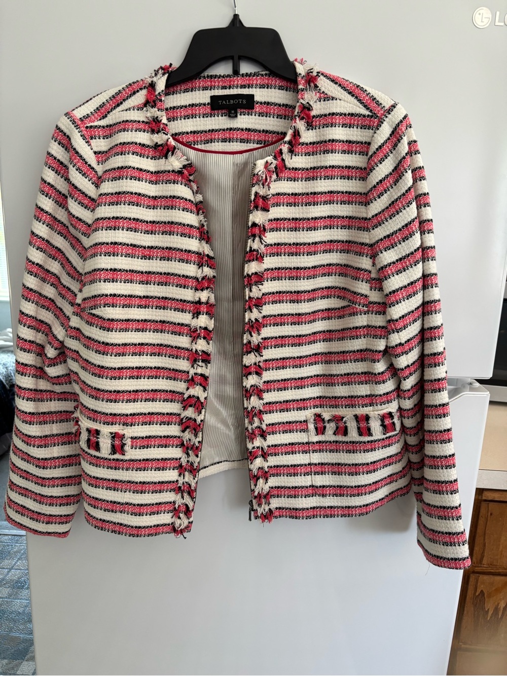 Talbots Striped Tweed Collarless Jacket in Pink, Black & White
